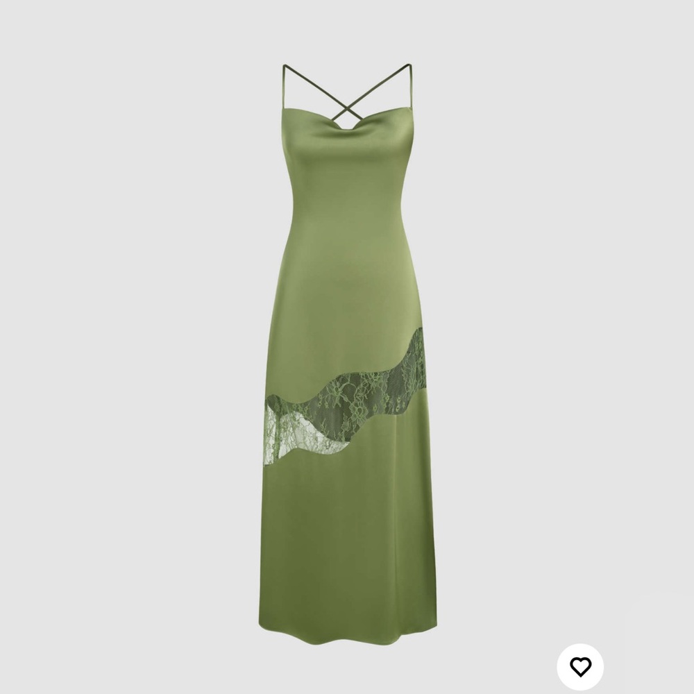 SPLIT CRISS CROSS LACE & SATIN MAXI DRESS - olive sage green - small and medium